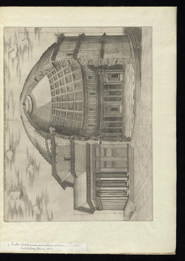 An illustration from Specvlvm Romanae magnificentiae : omnia fere qvaecvnq- in vrbe monvmenta extant partim ivxta antiqvam partim ivxta hodiernam formam accuratiss. delineata repraesentans : accesserunt non paucae tum antiquarum tum modernarum rerum urbis figurae nusquam antehac aeditae ..., 1544, leaf 16
