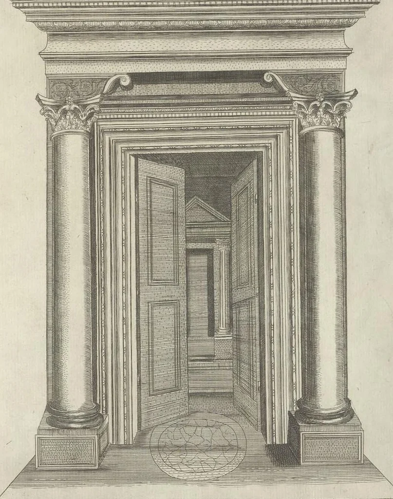 An illustration from Specvlvm Romanae magnificentiae : omnia fere qvaecvnq- in vrbe monvmenta extant partim ivxta antiqvam partim ivxta hodiernam formam accuratiss. delineata repraesentans : accesserunt non paucae tum antiquarum tum modernarum rerum urbis figurae nusquam antehac aeditae ..., 1544, leaf 18