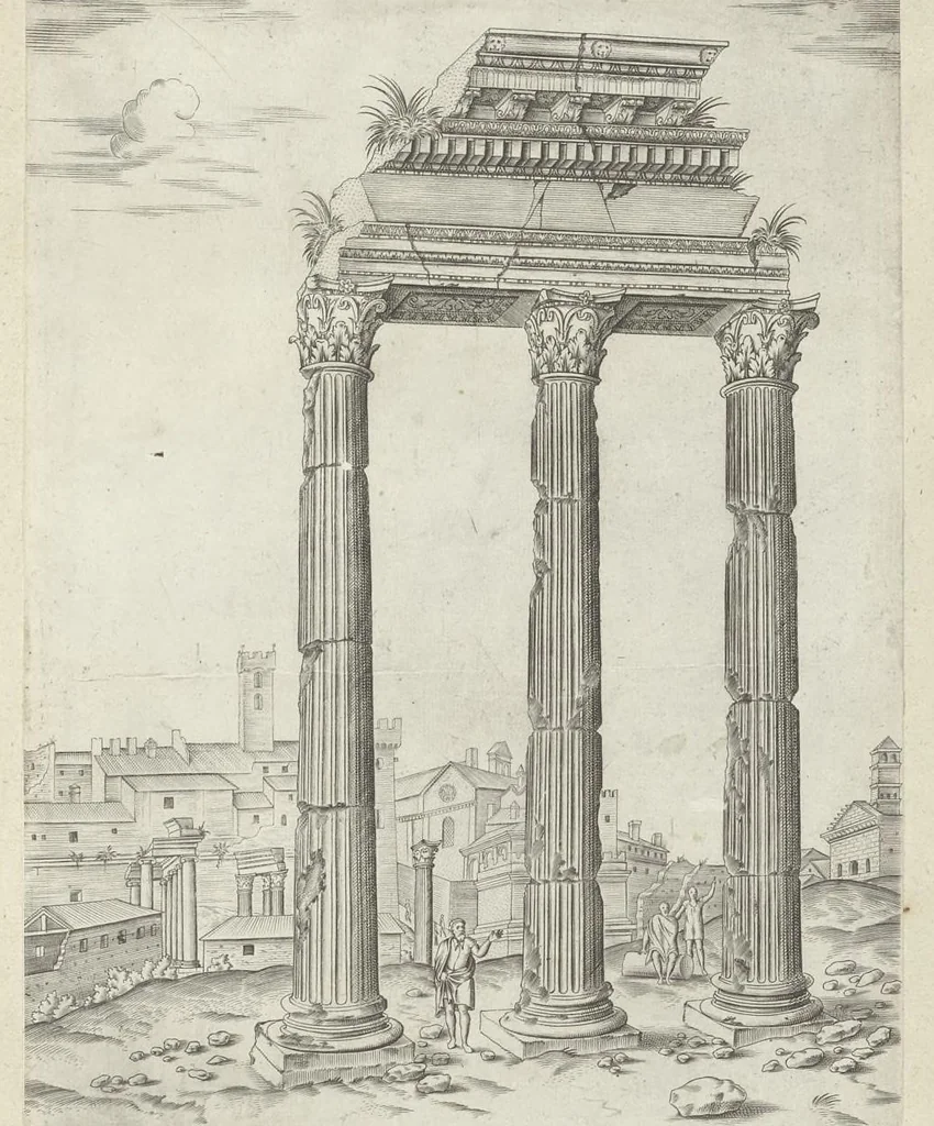 An illustration from Specvlvm Romanae magnificentiae : omnia fere qvaecvnq- in vrbe monvmenta extant partim ivxta antiqvam partim ivxta hodiernam formam accuratiss. delineata repraesentans : accesserunt non paucae tum antiquarum tum modernarum rerum urbis figurae nusquam antehac aeditae ..., 1544, leaf 20