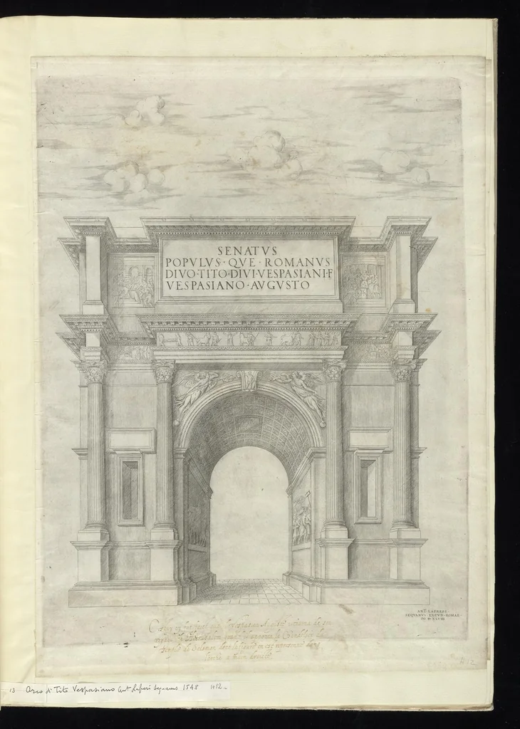 An illustration from Specvlvm Romanae magnificentiae : omnia fere qvaecvnq- in vrbe monvmenta extant partim ivxta antiqvam partim ivxta hodiernam formam accuratiss. delineata repraesentans : accesserunt non paucae tum antiquarum tum modernarum rerum urbis figurae nusquam antehac aeditae ..., 1544, leaf 28
