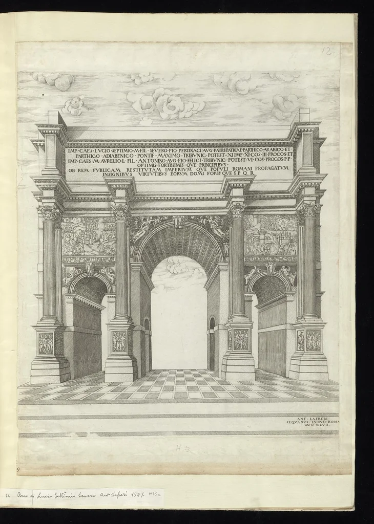 An illustration from Specvlvm Romanae magnificentiae : omnia fere qvaecvnq- in vrbe monvmenta extant partim ivxta antiqvam partim ivxta hodiernam formam accuratiss. delineata repraesentans : accesserunt non paucae tum antiquarum tum modernarum rerum urbis figurae nusquam antehac aeditae ..., 1544, leaf 30