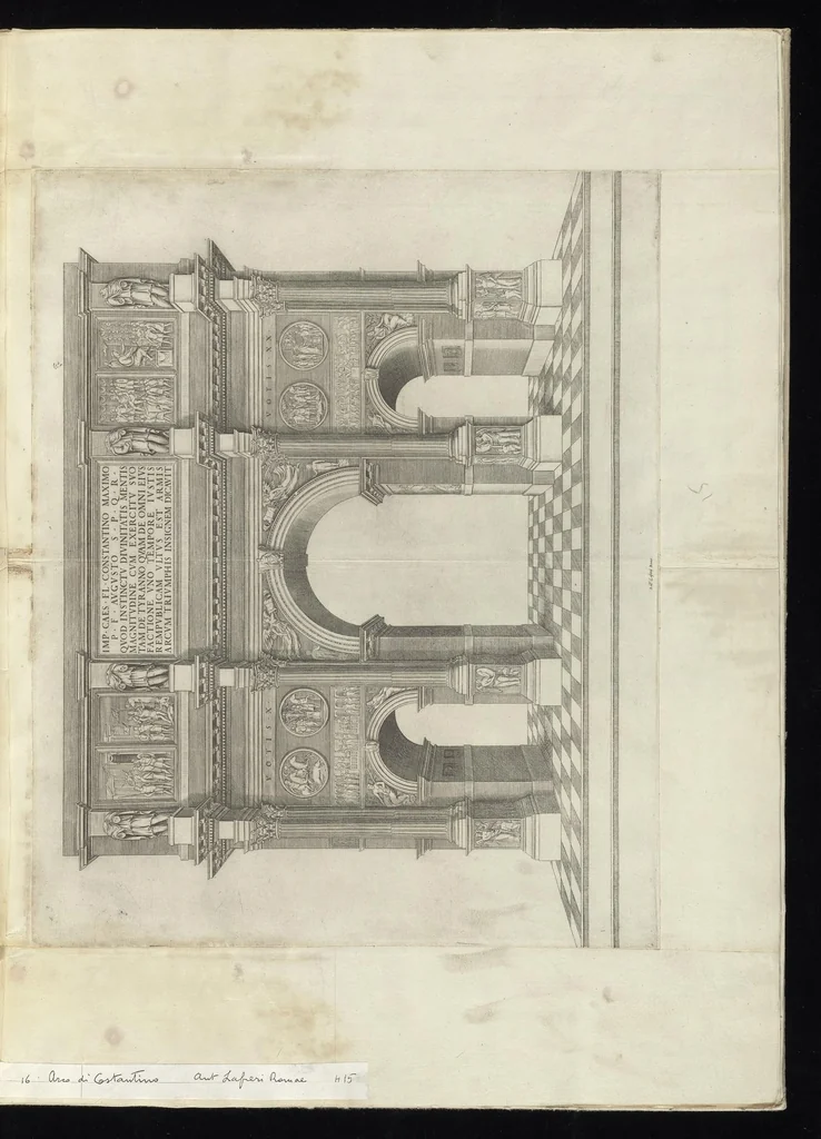 An illustration from Specvlvm Romanae magnificentiae : omnia fere qvaecvnq- in vrbe monvmenta extant partim ivxta antiqvam partim ivxta hodiernam formam accuratiss. delineata repraesentans : accesserunt non paucae tum antiquarum tum modernarum rerum urbis figurae nusquam antehac aeditae ..., 1544, leaf 34