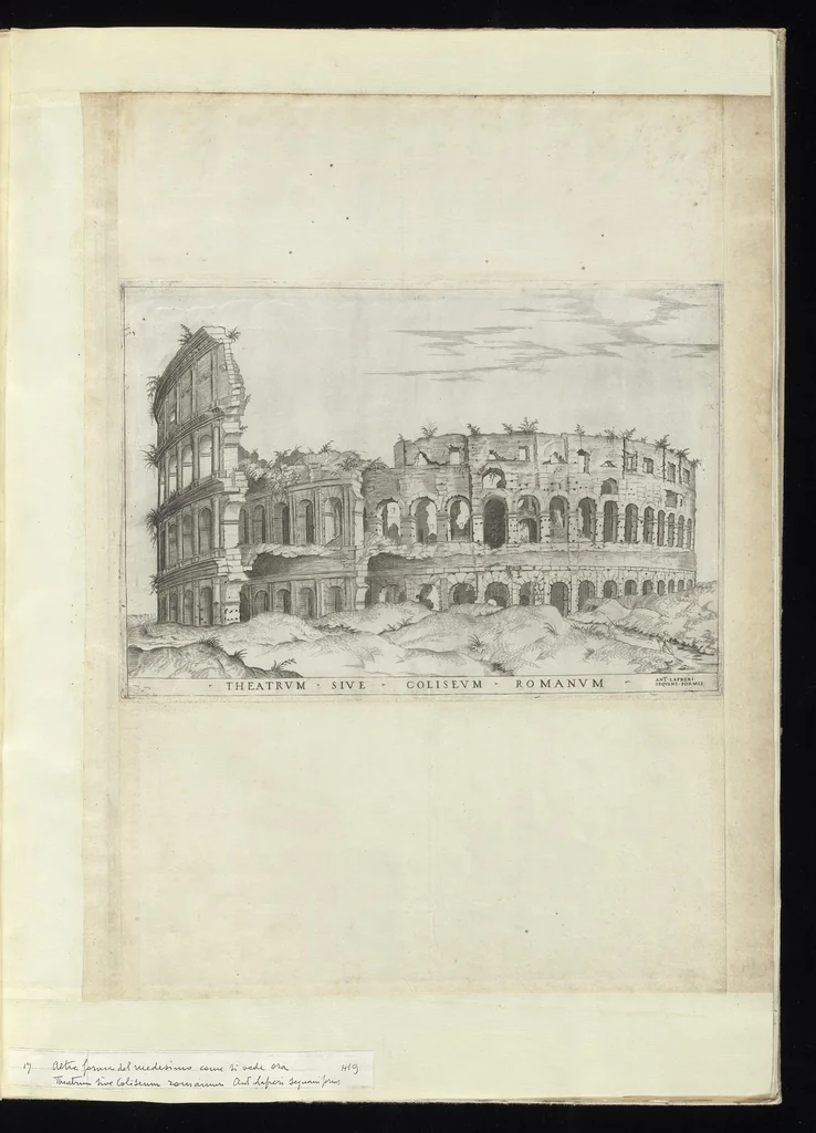 An illustration from Specvlvm Romanae magnificentiae : omnia fere qvaecvnq- in vrbe monvmenta extant partim ivxta antiqvam partim ivxta hodiernam formam accuratiss. delineata repraesentans : accesserunt non paucae tum antiquarum tum modernarum rerum urbis figurae nusquam antehac aeditae ..., 1544, leaf 36