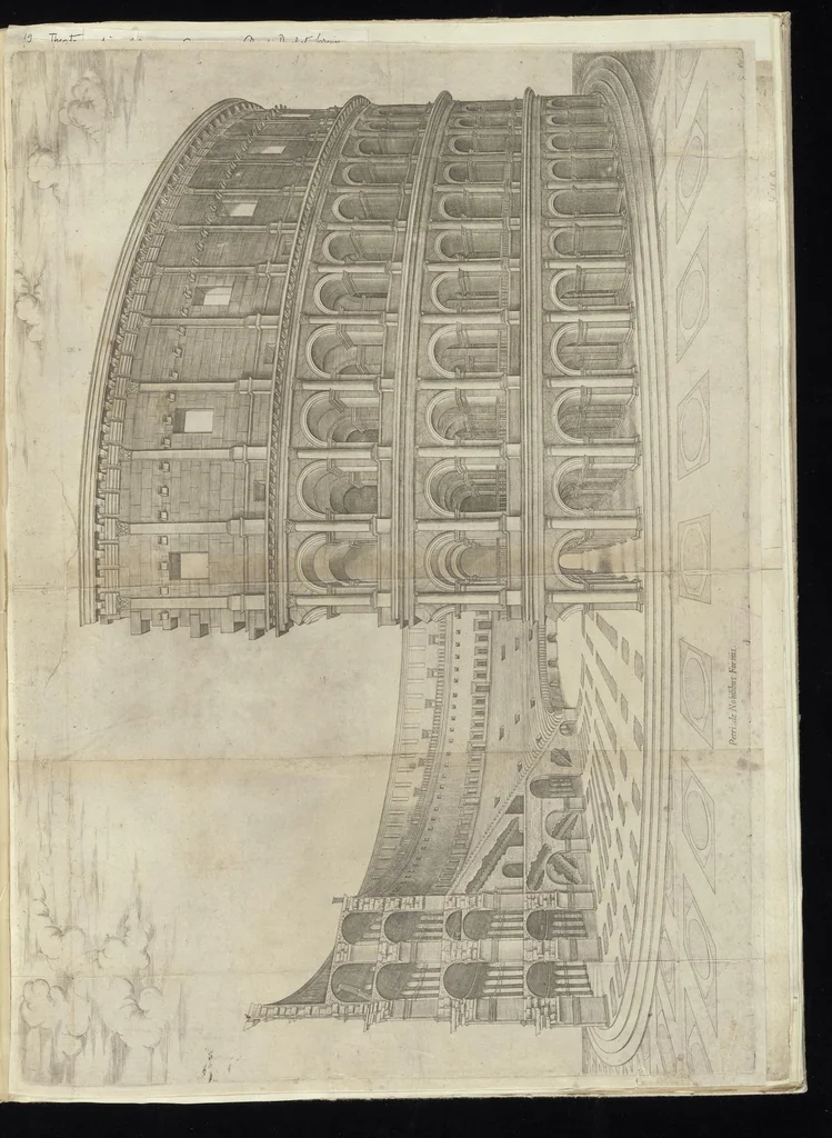 An illustration from Specvlvm Romanae magnificentiae : omnia fere qvaecvnq- in vrbe monvmenta extant partim ivxta antiqvam partim ivxta hodiernam formam accuratiss. delineata repraesentans : accesserunt non paucae tum antiquarum tum modernarum rerum urbis figurae nusquam antehac aeditae ..., 1544, leaf 38