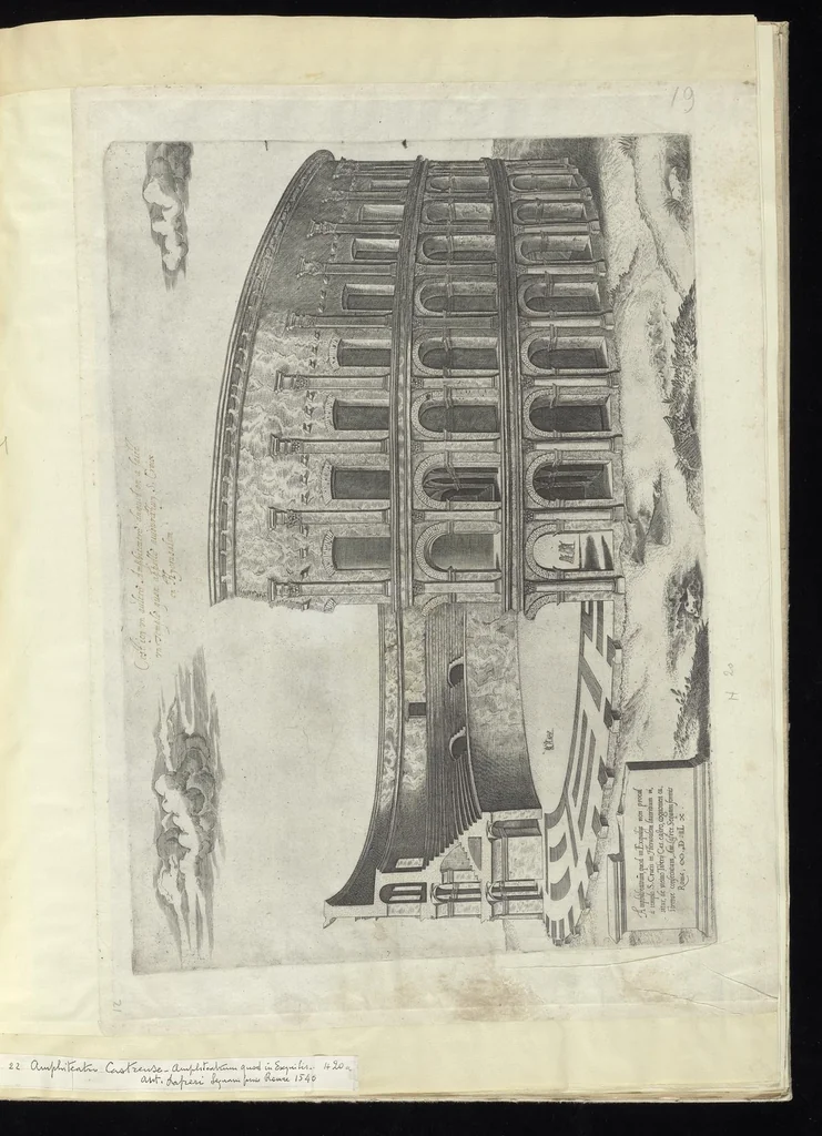 An illustration from Specvlvm Romanae magnificentiae : omnia fere qvaecvnq- in vrbe monvmenta extant partim ivxta antiqvam partim ivxta hodiernam formam accuratiss. delineata repraesentans : accesserunt non paucae tum antiquarum tum modernarum rerum urbis figurae nusquam antehac aeditae ..., 1544, leaf 46