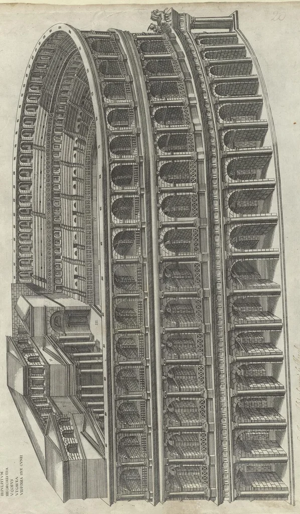 An illustration from Specvlvm Romanae magnificentiae : omnia fere qvaecvnq- in vrbe monvmenta extant partim ivxta antiqvam partim ivxta hodiernam formam accuratiss. delineata repraesentans : accesserunt non paucae tum antiquarum tum modernarum rerum urbis figurae nusquam antehac aeditae ..., 1544, leaf 48