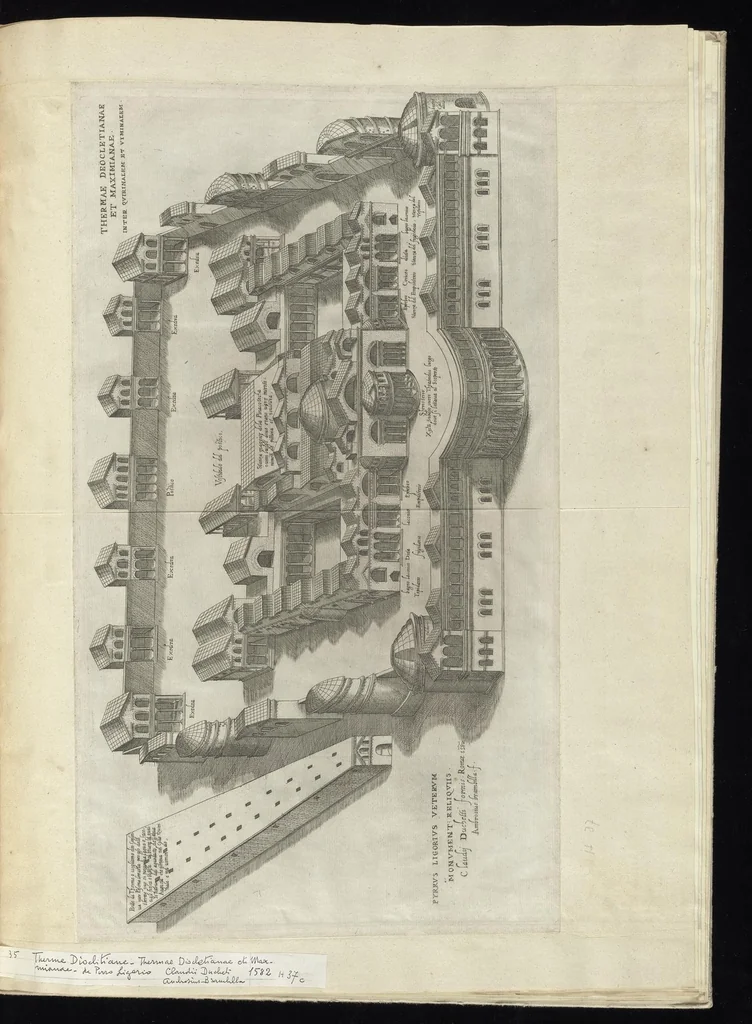 An illustration from Specvlvm Romanae magnificentiae : omnia fere qvaecvnq- in vrbe monvmenta extant partim ivxta antiqvam partim ivxta hodiernam formam accuratiss. delineata repraesentans : accesserunt non paucae tum antiquarum tum modernarum rerum urbis figurae nusquam antehac aeditae ..., 1544, leaf 74