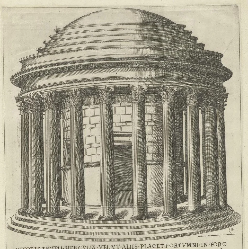 An illustration from Specvlvm Romanae magnificentiae : omnia fere qvaecvnq- in vrbe monvmenta extant partim ivxta antiqvam partim ivxta hodiernam formam accuratiss. delineata repraesentans : accesserunt non paucae tum antiquarum tum modernarum rerum urbis figurae nusquam antehac aeditae ..., 1544, leaf 94