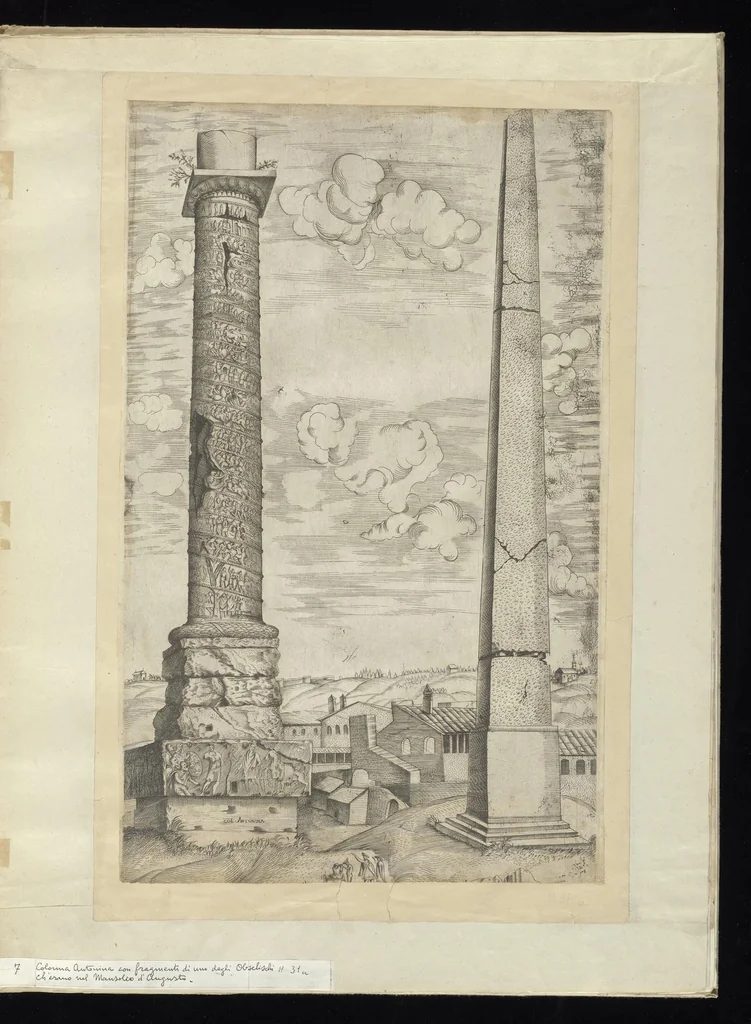 An illustration from Specvlvm Romanae magnificentiae : omnia fere qvaecvnq- in vrbe monvmenta extant partim ivxta antiqvam partim ivxta hodiernam formam accuratiss. delineata repraesentans : accesserunt non paucae tum antiquarum tum modernarum rerum urbis figurae nusquam antehac aeditae ..., 1544, leaf 18
