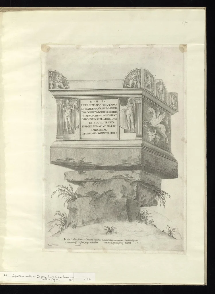 An illustration from Specvlvm Romanae magnificentiae : omnia fere qvaecvnq- in vrbe monvmenta extant partim ivxta antiqvam partim ivxta hodiernam formam accuratiss. delineata repraesentans : accesserunt non paucae tum antiquarum tum modernarum rerum urbis figurae nusquam antehac aeditae ..., 1544, leaf 60
