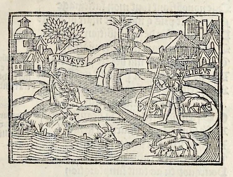 An illustration from Les oeuures de Virgile : translatees de latin en francoys, et nouuellement imprimees, veues et corrigees oultre les precedentes impressions : avec les histoires mises [et] posees chascune en son lieu, ainsi que lon pourra veoir dedans le liure, lesquelles sont moult recreatiues, 1540, leaf 10