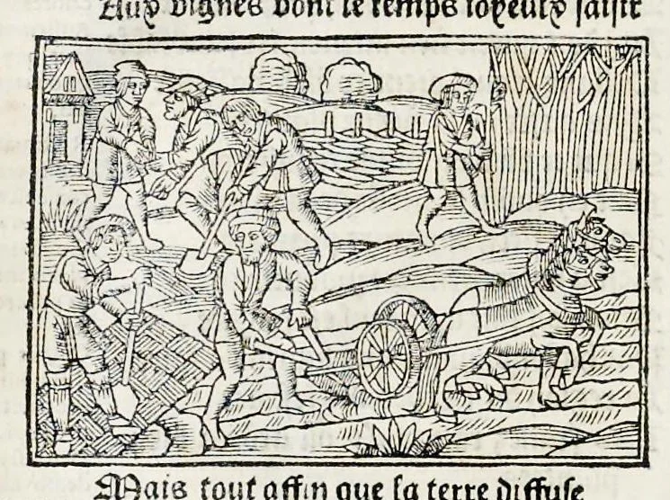 An illustration from Les oeuures de Virgile : translatees de latin en francoys, et nouuellement imprimees, veues et corrigees oultre les precedentes impressions : avec les histoires mises [et] posees chascune en son lieu, ainsi que lon pourra veoir dedans le liure, lesquelles sont moult recreatiues, 1540, leaf 103