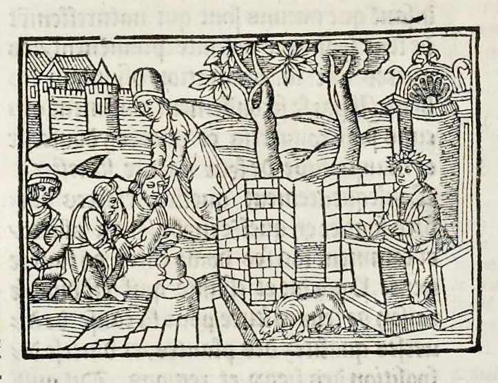 An illustration from Les oeuures de Virgile : translatees de latin en francoys, et nouuellement imprimees, veues et corrigees oultre les precedentes impressions : avec les histoires mises [et] posees chascune en son lieu, ainsi que lon pourra veoir dedans le liure, lesquelles sont moult recreatiues, 1540, leaf 113