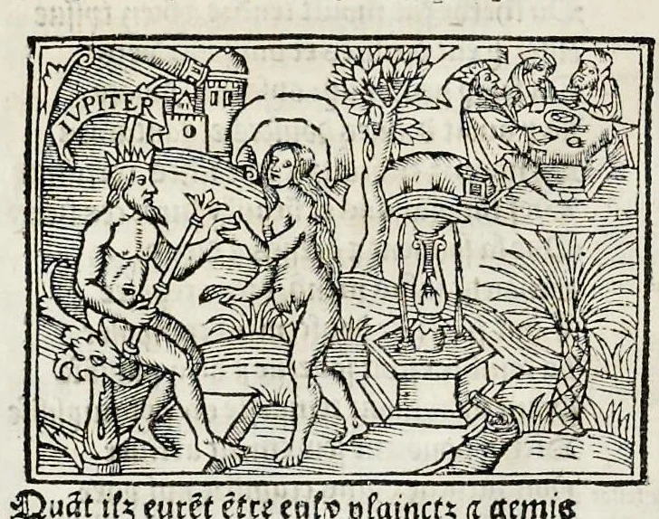 An illustration from Les oeuures de Virgile : translatees de latin en francoys, et nouuellement imprimees, veues et corrigees oultre les precedentes impressions : avec les histoires mises [et] posees chascune en son lieu, ainsi que lon pourra veoir dedans le liure, lesquelles sont moult recreatiues, 1540, leaf 169