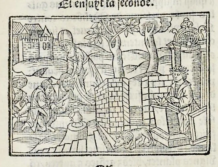 An illustration from Les oeuures de Virgile : translatees de latin en francoys, et nouuellement imprimees, veues et corrigees oultre les precedentes impressions : avec les histoires mises [et] posees chascune en son lieu, ainsi que lon pourra veoir dedans le liure, lesquelles sont moult recreatiues, 1540, leaf 17