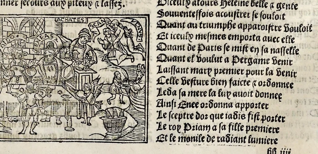 An illustration from Les oeuures de Virgile : translatees de latin en francoys, et nouuellement imprimees, veues et corrigees oultre les precedentes impressions : avec les histoires mises [et] posees chascune en son lieu, ainsi que lon pourra veoir dedans le liure, lesquelles sont moult recreatiues, 1540, leaf 180