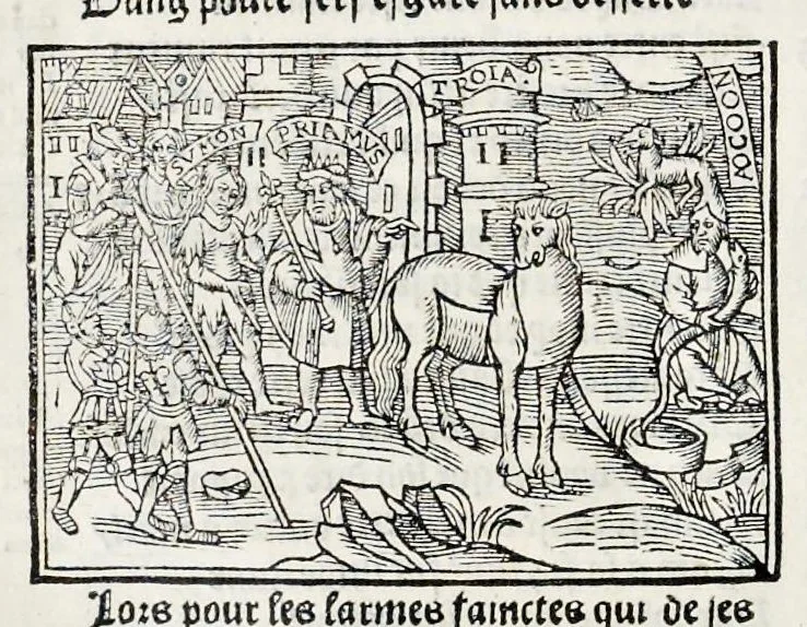 An illustration from Les oeuures de Virgile : translatees de latin en francoys, et nouuellement imprimees, veues et corrigees oultre les precedentes impressions : avec les histoires mises [et] posees chascune en son lieu, ainsi que lon pourra veoir dedans le liure, lesquelles sont moult recreatiues, 1540, leaf 187