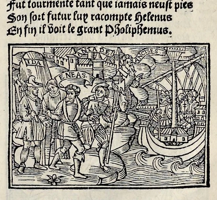 An illustration from Les oeuures de Virgile : translatees de latin en francoys, et nouuellement imprimees, veues et corrigees oultre les precedentes impressions : avec les histoires mises [et] posees chascune en son lieu, ainsi que lon pourra veoir dedans le liure, lesquelles sont moult recreatiues, 1540, leaf 202