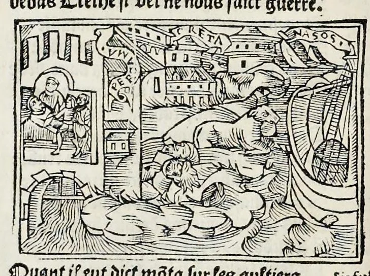 An illustration from Les oeuures de Virgile : translatees de latin en francoys, et nouuellement imprimees, veues et corrigees oultre les precedentes impressions : avec les histoires mises [et] posees chascune en son lieu, ainsi que lon pourra veoir dedans le liure, lesquelles sont moult recreatiues, 1540, leaf 205