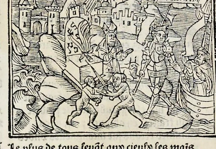 An illustration from Les oeuures de Virgile : translatees de latin en francoys, et nouuellement imprimees, veues et corrigees oultre les precedentes impressions : avec les histoires mises [et] posees chascune en son lieu, ainsi que lon pourra veoir dedans le liure, lesquelles sont moult recreatiues, 1540, leaf 209