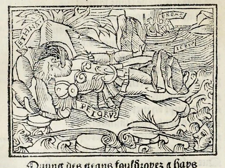 An illustration from Les oeuures de Virgile : translatees de latin en francoys, et nouuellement imprimees, veues et corrigees oultre les precedentes impressions : avec les histoires mises [et] posees chascune en son lieu, ainsi que lon pourra veoir dedans le liure, lesquelles sont moult recreatiues, 1540, leaf 217