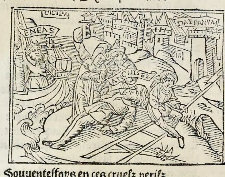An illustration from Les oeuures de Virgile : translatees de latin en francoys, et nouuellement imprimees, veues et corrigees oultre les precedentes impressions : avec les histoires mises [et] posees chascune en son lieu, ainsi que lon pourra veoir dedans le liure, lesquelles sont moult recreatiues, 1540, leaf 219