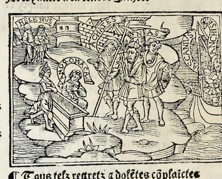 An illustration from Les oeuures de Virgile : translatees de latin en francoys, et nouuellement imprimees, veues et corrigees oultre les precedentes impressions : avec les histoires mises [et] posees chascune en son lieu, ainsi que lon pourra veoir dedans le liure, lesquelles sont moult recreatiues, 1540, leaf 233
