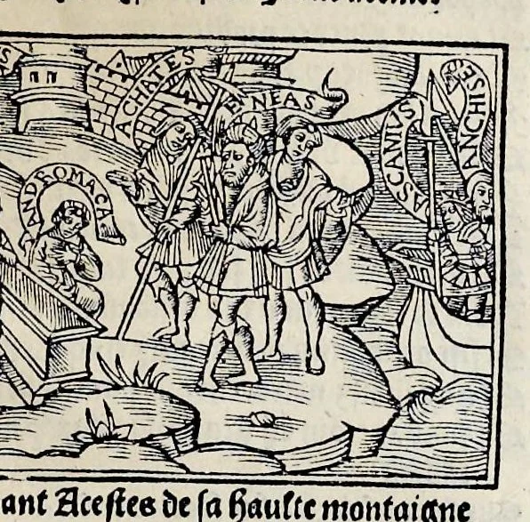 An illustration from Les oeuures de Virgile : translatees de latin en francoys, et nouuellement imprimees, veues et corrigees oultre les precedentes impressions : avec les histoires mises [et] posees chascune en son lieu, ainsi que lon pourra veoir dedans le liure, lesquelles sont moult recreatiues, 1540, leaf 238