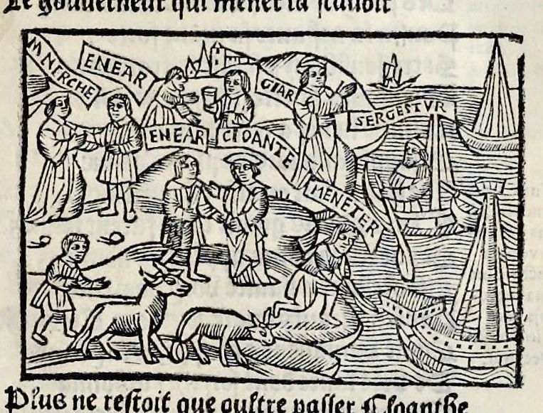 An illustration from Les oeuures de Virgile : translatees de latin en francoys, et nouuellement imprimees, veues et corrigees oultre les precedentes impressions : avec les histoires mises [et] posees chascune en son lieu, ainsi que lon pourra veoir dedans le liure, lesquelles sont moult recreatiues, 1540, leaf 242