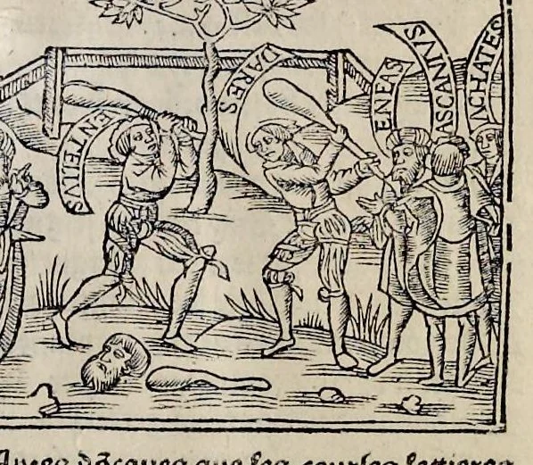 An illustration from Les oeuures de Virgile : translatees de latin en francoys, et nouuellement imprimees, veues et corrigees oultre les precedentes impressions : avec les histoires mises [et] posees chascune en son lieu, ainsi que lon pourra veoir dedans le liure, lesquelles sont moult recreatiues, 1540, leaf 246