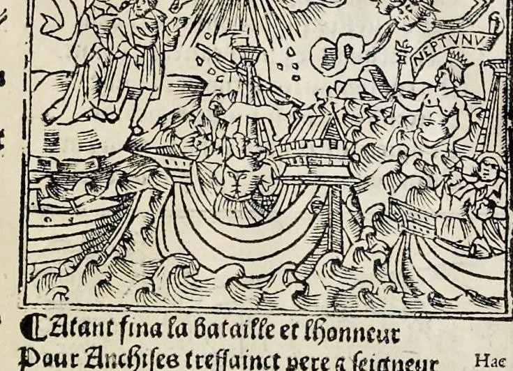 An illustration from Les oeuures de Virgile : translatees de latin en francoys, et nouuellement imprimees, veues et corrigees oultre les precedentes impressions : avec les histoires mises [et] posees chascune en son lieu, ainsi que lon pourra veoir dedans le liure, lesquelles sont moult recreatiues, 1540, leaf 251