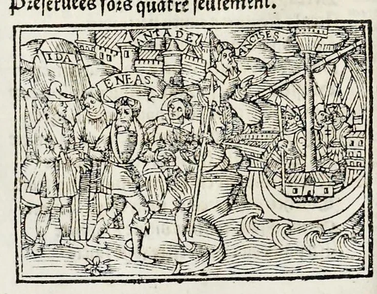 An illustration from Les oeuures de Virgile : translatees de latin en francoys, et nouuellement imprimees, veues et corrigees oultre les precedentes impressions : avec les histoires mises [et] posees chascune en son lieu, ainsi que lon pourra veoir dedans le liure, lesquelles sont moult recreatiues, 1540, leaf 253
