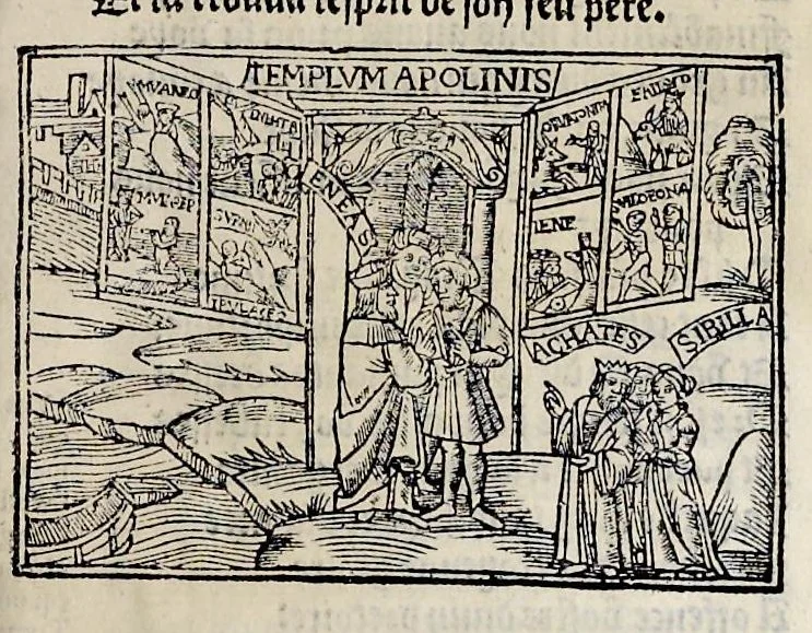 An illustration from Les oeuures de Virgile : translatees de latin en francoys, et nouuellement imprimees, veues et corrigees oultre les precedentes impressions : avec les histoires mises [et] posees chascune en son lieu, ainsi que lon pourra veoir dedans le liure, lesquelles sont moult recreatiues, 1540, leaf 258
