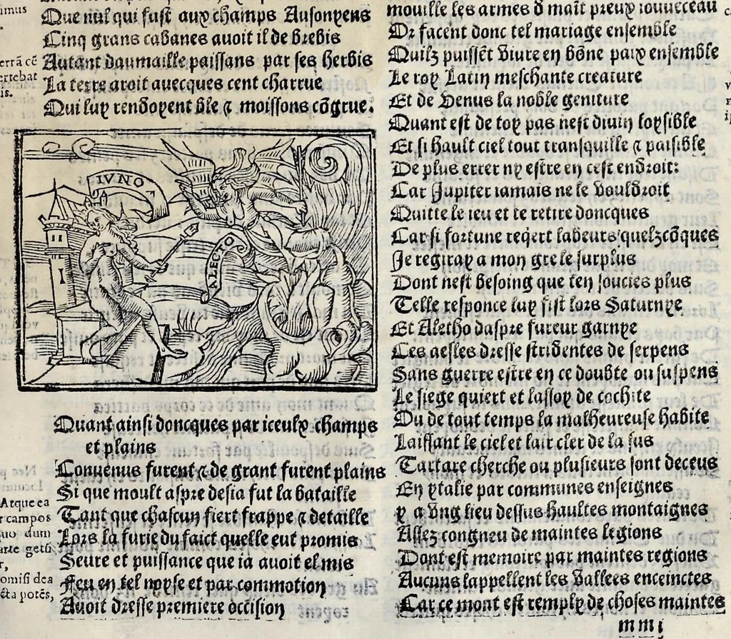 An illustration from Les oeuures de Virgile : translatees de latin en francoys, et nouuellement imprimees, veues et corrigees oultre les precedentes impressions : avec les histoires mises [et] posees chascune en son lieu, ainsi que lon pourra veoir dedans le liure, lesquelles sont moult recreatiues, 1540, leaf 294