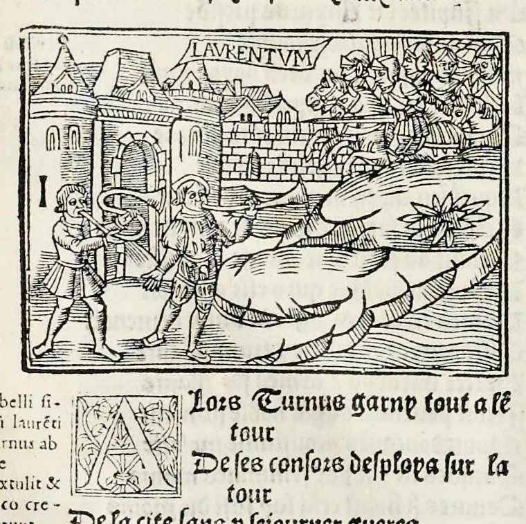 An illustration from Les oeuures de Virgile : translatees de latin en francoys, et nouuellement imprimees, veues et corrigees oultre les precedentes impressions : avec les histoires mises [et] posees chascune en son lieu, ainsi que lon pourra veoir dedans le liure, lesquelles sont moult recreatiues, 1540, leaf 301