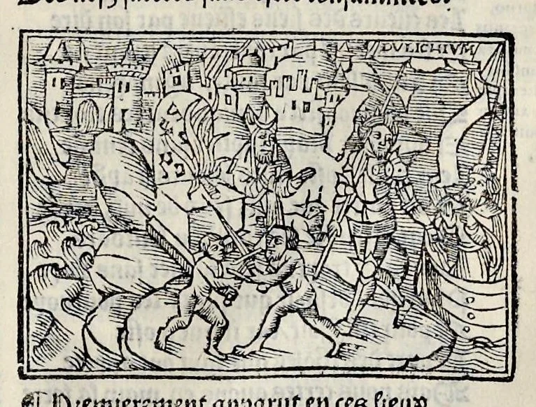 An illustration from Les oeuures de Virgile : translatees de latin en francoys, et nouuellement imprimees, veues et corrigees oultre les precedentes impressions : avec les histoires mises [et] posees chascune en son lieu, ainsi que lon pourra veoir dedans le liure, lesquelles sont moult recreatiues, 1540, leaf 322