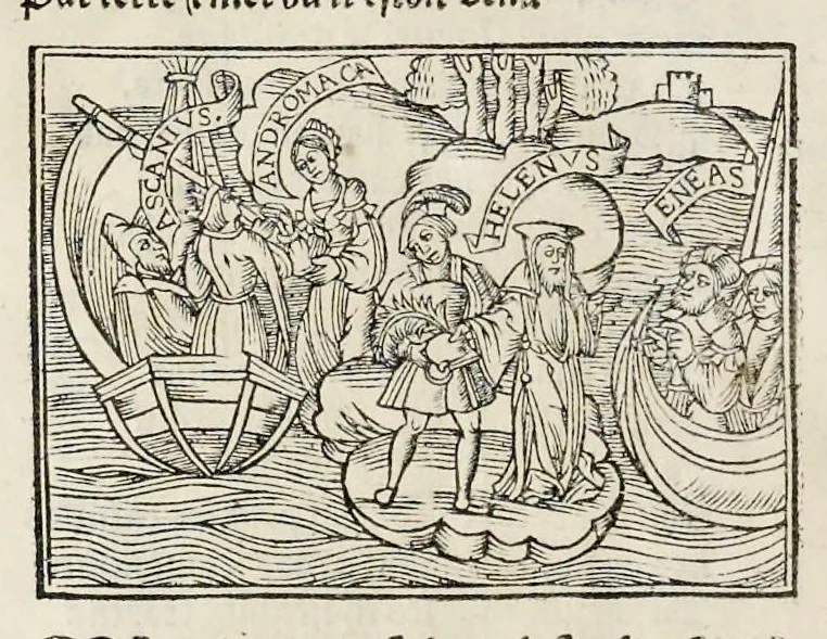An illustration from Les oeuures de Virgile : translatees de latin en francoys, et nouuellement imprimees, veues et corrigees oultre les precedentes impressions : avec les histoires mises [et] posees chascune en son lieu, ainsi que lon pourra veoir dedans le liure, lesquelles sont moult recreatiues, 1540, leaf 345