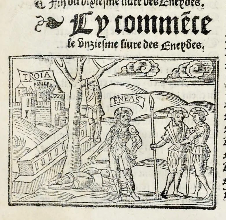 An illustration from Les oeuures de Virgile : translatees de latin en francoys, et nouuellement imprimees, veues et corrigees oultre les precedentes impressions : avec les histoires mises [et] posees chascune en son lieu, ainsi que lon pourra veoir dedans le liure, lesquelles sont moult recreatiues, 1540, leaf 365