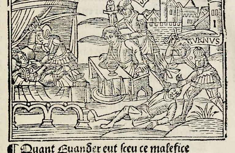 An illustration from Les oeuures de Virgile : translatees de latin en francoys, et nouuellement imprimees, veues et corrigees oultre les precedentes impressions : avec les histoires mises [et] posees chascune en son lieu, ainsi que lon pourra veoir dedans le liure, lesquelles sont moult recreatiues, 1540, leaf 369