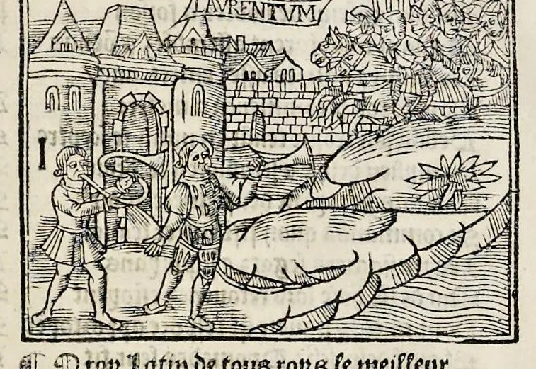 An illustration from Les oeuures de Virgile : translatees de latin en francoys, et nouuellement imprimees, veues et corrigees oultre les precedentes impressions : avec les histoires mises [et] posees chascune en son lieu, ainsi que lon pourra veoir dedans le liure, lesquelles sont moult recreatiues, 1540, leaf 373