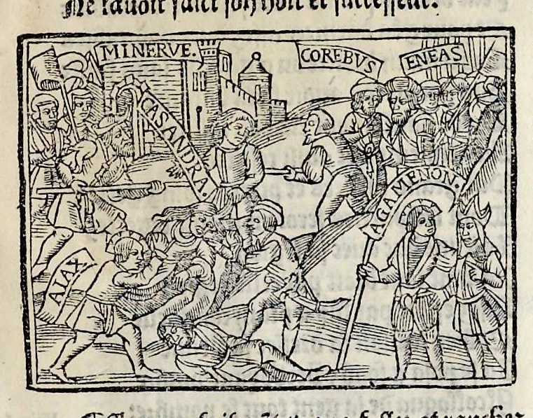 An illustration from Les oeuures de Virgile : translatees de latin en francoys, et nouuellement imprimees, veues et corrigees oultre les precedentes impressions : avec les histoires mises [et] posees chascune en son lieu, ainsi que lon pourra veoir dedans le liure, lesquelles sont moult recreatiues, 1540, leaf 378