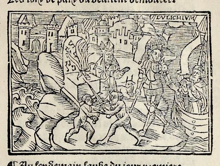 An illustration from Les oeuures de Virgile : translatees de latin en francoys, et nouuellement imprimees, veues et corrigees oultre les precedentes impressions : avec les histoires mises [et] posees chascune en son lieu, ainsi que lon pourra veoir dedans le liure, lesquelles sont moult recreatiues, 1540, leaf 392