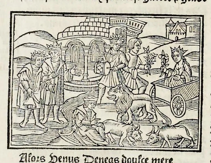 An illustration from Les oeuures de Virgile : translatees de latin en francoys, et nouuellement imprimees, veues et corrigees oultre les precedentes impressions : avec les histoires mises [et] posees chascune en son lieu, ainsi que lon pourra veoir dedans le liure, lesquelles sont moult recreatiues, 1540, leaf 399