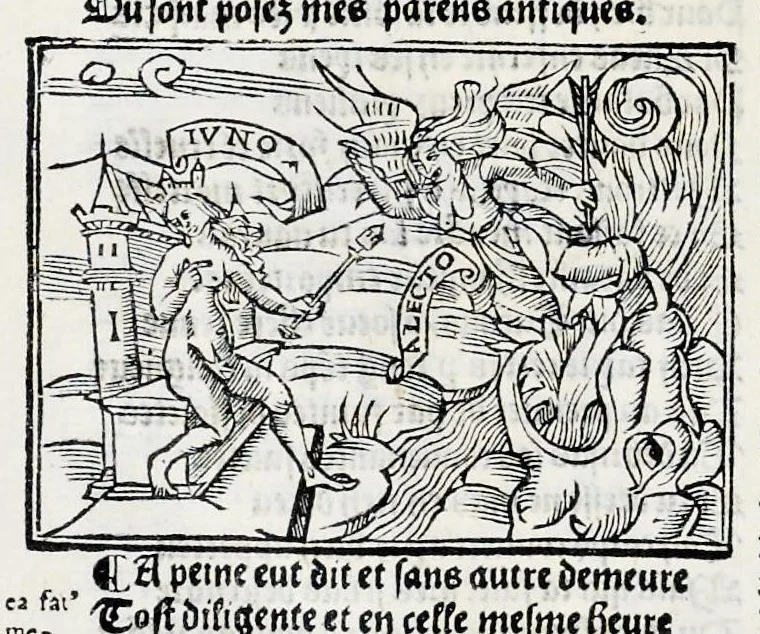An illustration from Les oeuures de Virgile : translatees de latin en francoys, et nouuellement imprimees, veues et corrigees oultre les precedentes impressions : avec les histoires mises [et] posees chascune en son lieu, ainsi que lon pourra veoir dedans le liure, lesquelles sont moult recreatiues, 1540, leaf 405