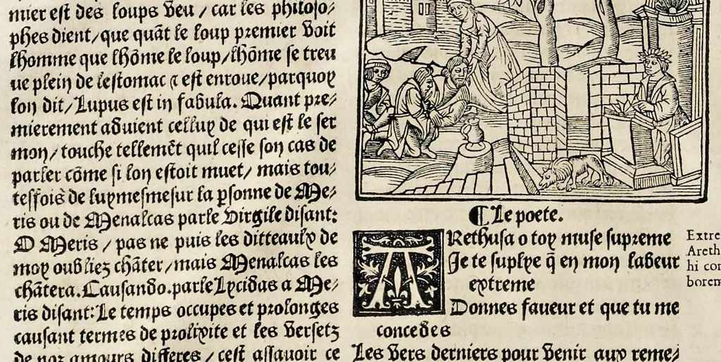 An illustration from Les oeuures de Virgile : translatees de latin en francoys, et nouuellement imprimees, veues et corrigees oultre les precedentes impressions : avec les histoires mises [et] posees chascune en son lieu, ainsi que lon pourra veoir dedans le liure, lesquelles sont moult recreatiues, 1540, leaf 61