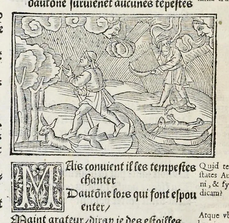An illustration from Les oeuures de Virgile : translatees de latin en francoys, et nouuellement imprimees, veues et corrigees oultre les precedentes impressions : avec les histoires mises [et] posees chascune en son lieu, ainsi que lon pourra veoir dedans le liure, lesquelles sont moult recreatiues, 1540, leaf 83