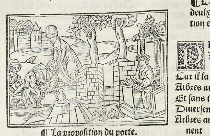 An illustration from Les oeuures de Virgile : translatees de latin en francoys, et nouuellement imprimees, veues et corrigees oultre les precedentes impressions : avec les histoires mises [et] posees chascune en son lieu, ainsi que lon pourra veoir dedans le liure, lesquelles sont moult recreatiues, 1540, leaf 93