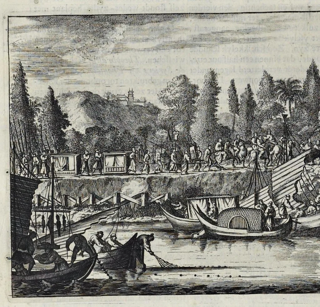 An illustration from Gedenkwaerdige gesantschappen der Oost-Indische maatschappy in't Vereenigde Nederland, aan de kaisaren van Japan : vervatende wonderlyke voorvallen op de togt der Nederlandtsche gesanten : beschryving van de dorpen, sterkten, steden, landtschappen, tempels, gods-diensten, dragten, gebouwen, dieren, gewasschen, bergen, fonteinen, vereeuwde en nieuwe oorlogs-daaden der Japanders : verçiert met een groot getal afbeeldsels in Japan geteikent : getrokken uit de geschriften en reis-aanteikeningen der zelve gesanten, 1669, leaf 105