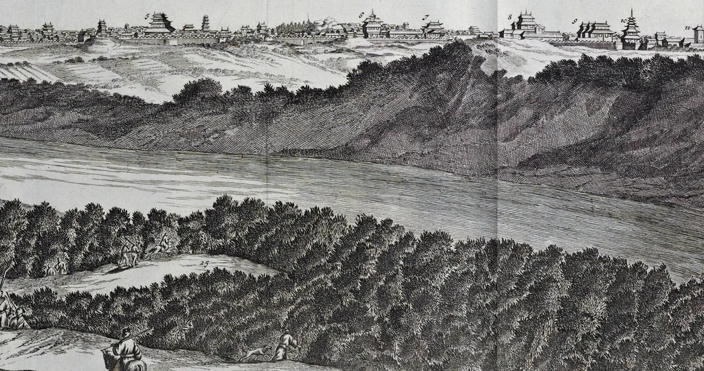 An illustration from Gedenkwaerdige gesantschappen der Oost-Indische maatschappy in't Vereenigde Nederland, aan de kaisaren van Japan : vervatende wonderlyke voorvallen op de togt der Nederlandtsche gesanten : beschryving van de dorpen, sterkten, steden, landtschappen, tempels, gods-diensten, dragten, gebouwen, dieren, gewasschen, bergen, fonteinen, vereeuwde en nieuwe oorlogs-daaden der Japanders : verçiert met een groot getal afbeeldsels in Japan geteikent : getrokken uit de geschriften en reis-aanteikeningen der zelve gesanten, 1669, leaf 114