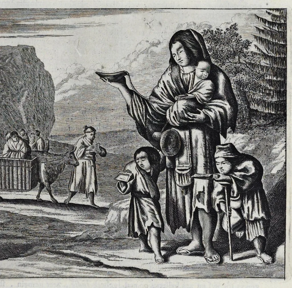 An illustration from Gedenkwaerdige gesantschappen der Oost-Indische maatschappy in't Vereenigde Nederland, aan de kaisaren van Japan : vervatende wonderlyke voorvallen op de togt der Nederlandtsche gesanten : beschryving van de dorpen, sterkten, steden, landtschappen, tempels, gods-diensten, dragten, gebouwen, dieren, gewasschen, bergen, fonteinen, vereeuwde en nieuwe oorlogs-daaden der Japanders : verçiert met een groot getal afbeeldsels in Japan geteikent : getrokken uit de geschriften en reis-aanteikeningen der zelve gesanten, 1669, leaf 118